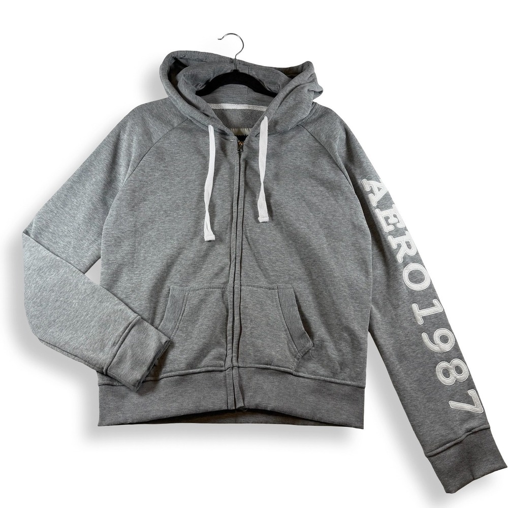 Aeropostale Aero 1987 Gray Full Zip Fleece Hoodie Women's XL Y2K Streetwear